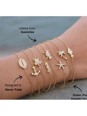 Summer Charm Bracelet Anchor Fish Palm Tree Gold Waterproof Gold Bracelet
